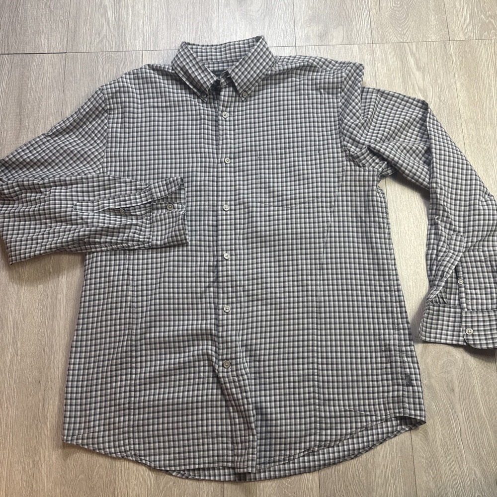 John Varvatos Large Button Down Shirt Plaid Design Gray Gingham Summer Casual